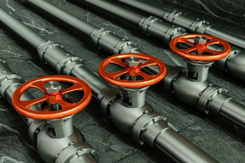 Industrial pipeline with three parallel metal valves featuring orange handwheels, illustrating